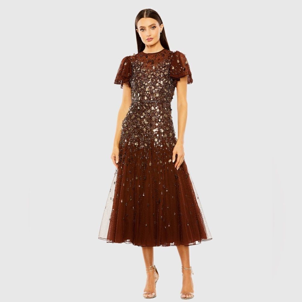 Nwt Mac Duggal 24018 Womens Brown Flutter Sleeve Sheer Top Beaded Dress Size 6